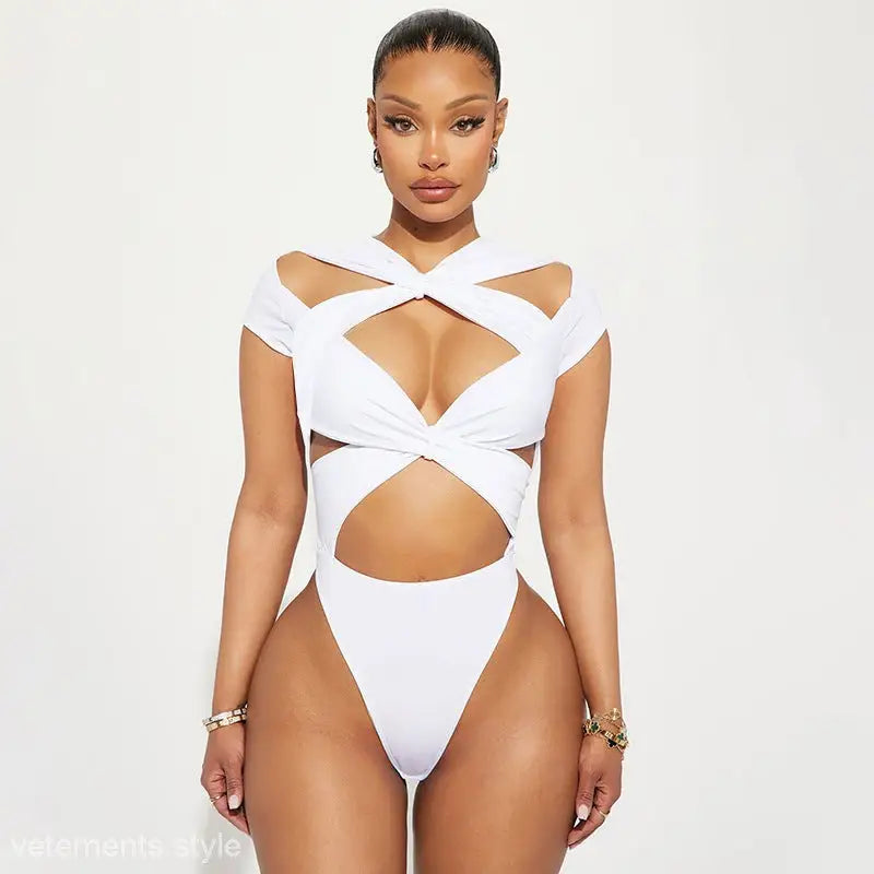 White Cutout V-Neck Short Sleeve Cross Jumpsuit with High-Cut Leg Openings