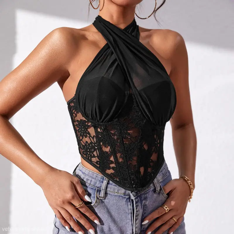 Black lace mesh corset halter tank with sheer lace bodice and floral tulle details