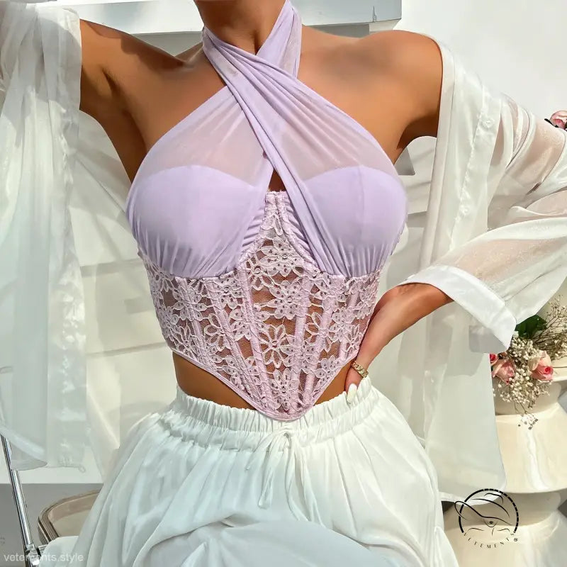 Sexy lace mesh corset halter tank with floral tulle details