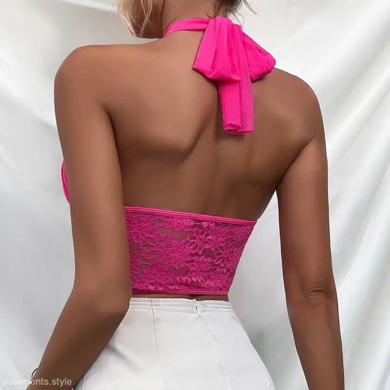 Hot pink lace mesh corset halter top with backless design and bow tie detail