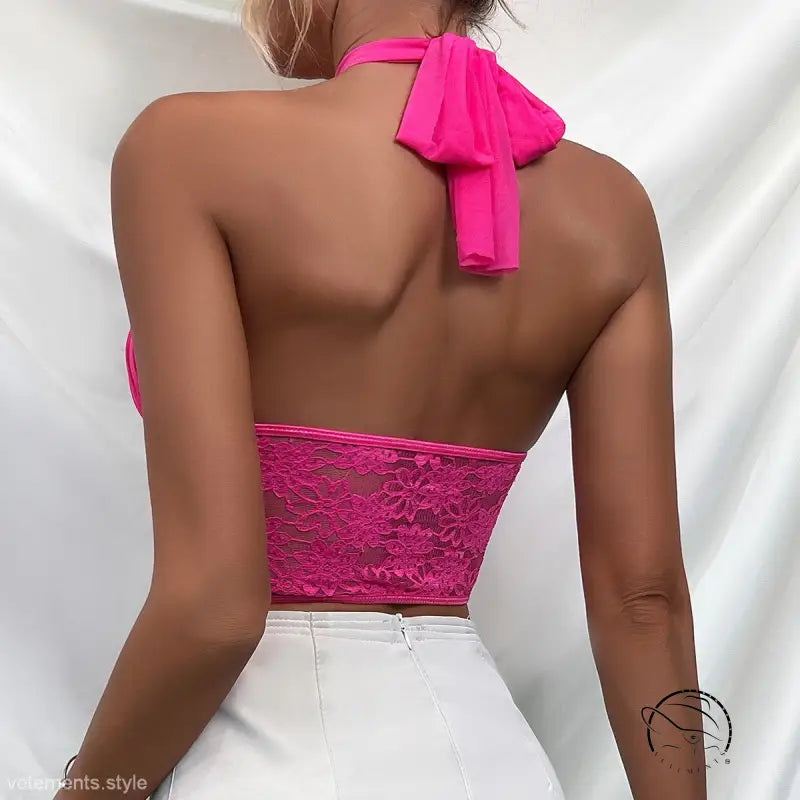 Sexy lace mesh corset halter tank in hot pink with bow tie