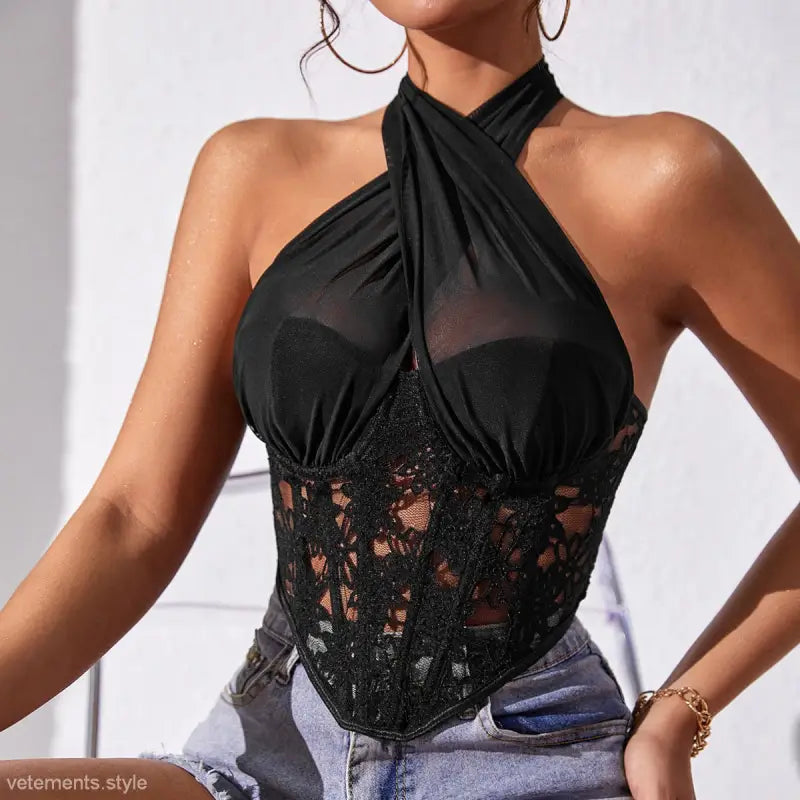 Black lace panel halter neck mesh top from Lace Mesh Corset collection