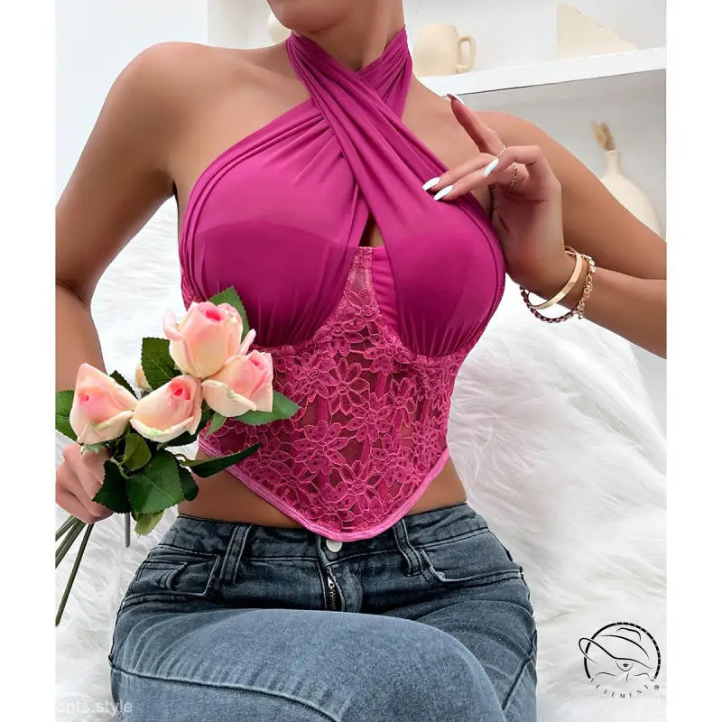 Fuchsia pink sexy lace mesh corset halter tank with floral tulle details