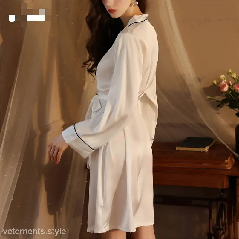 Sexy long light white silk robe with black piping and belt for homewear