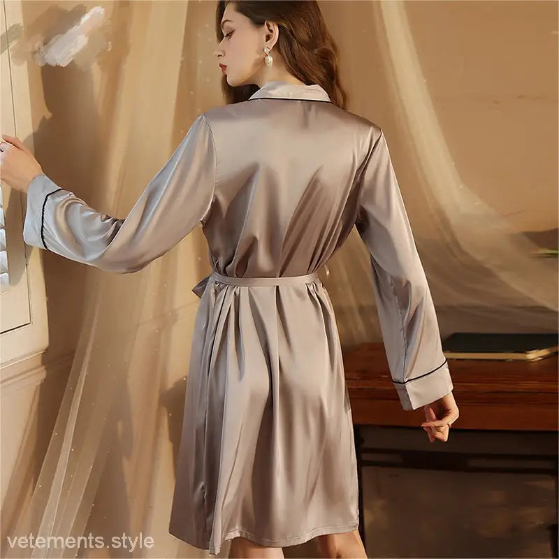 Taupe satin belted midi dress with black piping for sexy light homewear