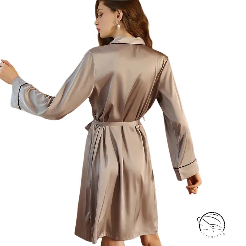 Taupe satin belted midi dress with black piping for sexy light homewear