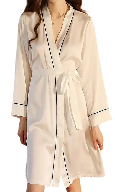 Sexy long light satin belted sleeve midi dress in white silk with black piping