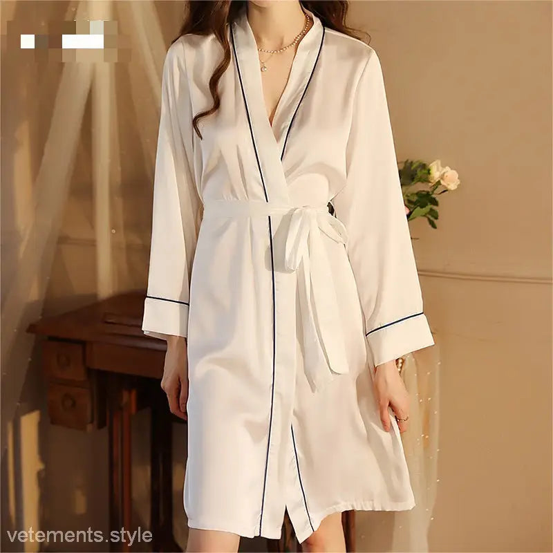 White silk robe with black piping in sexy long light homewear dress