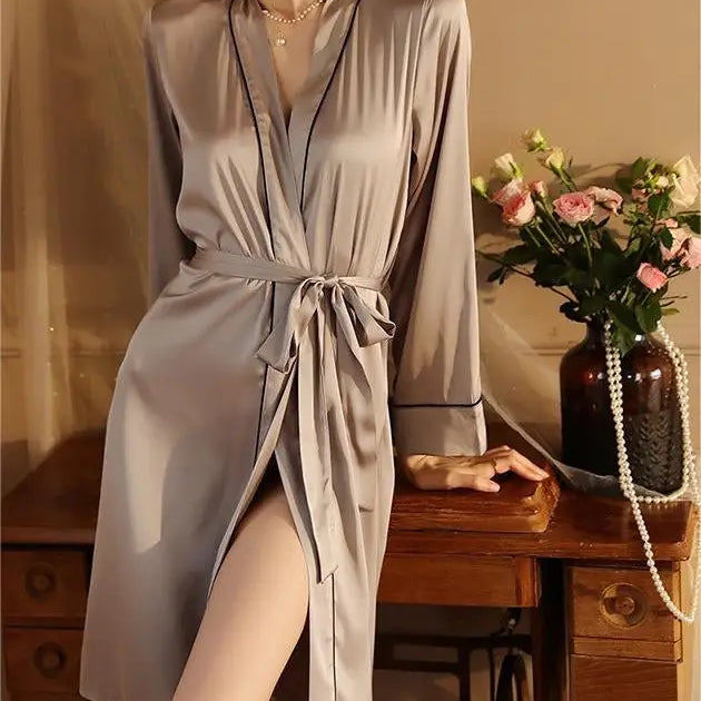 Gray satin wrap dress with long sleeves and tie waist for sexy light homewear