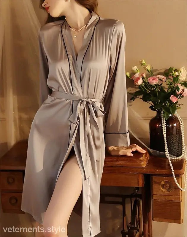Gray satin wrap dress with long sleeves and tie waist for sexy light homewear