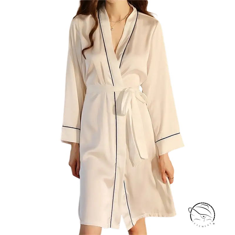 Sexy long light white silk robe dress with black piping and tie belt