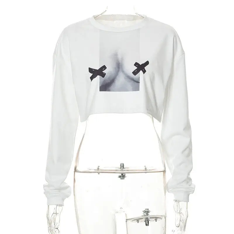 White long sleeve pullover with graphic print of breasts covered by black X’s