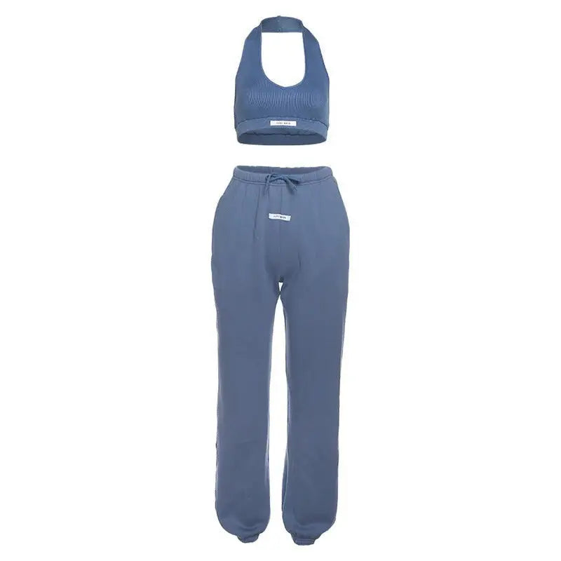 Blue low-cut halter tight set with sports bra and matching sweatpants for activewear