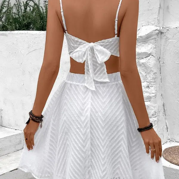 White two-piece skirt set featuring high waist mesh midi skirt for summer style