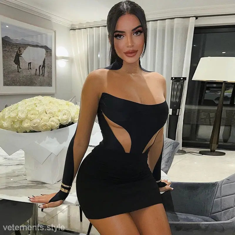 Black cutout mini dress with side mesh panels in Vetements Fashionable Mesh Slim Fit Dress
