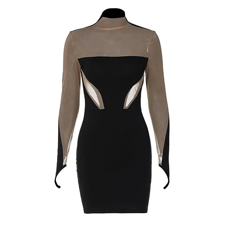 Black and beige mesh slim fit dress with long sleeves and stylish cutout details