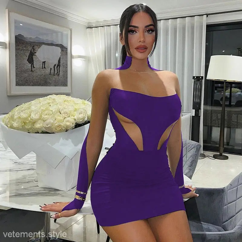 Form-fitting purple mesh slim fit dress with cutout details and long sleeves