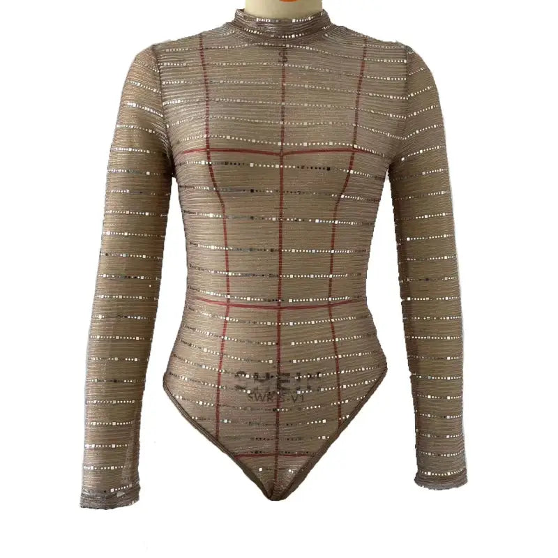 Beige long-sleeved sequined bodysuit for a sexy mesh slim fit jumpsuit style
