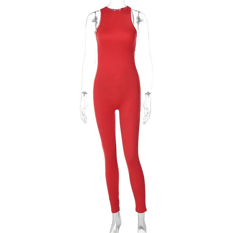 Red sleeveless metal buckle yoga jumpsuit for summer wear featuring a sexy metal buckle design