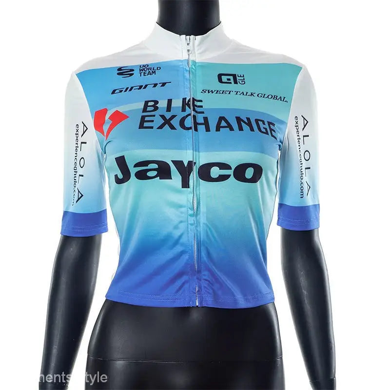 Blue and white cycling jersey designed as a sexy summer motorcycle skinny short T-shirt