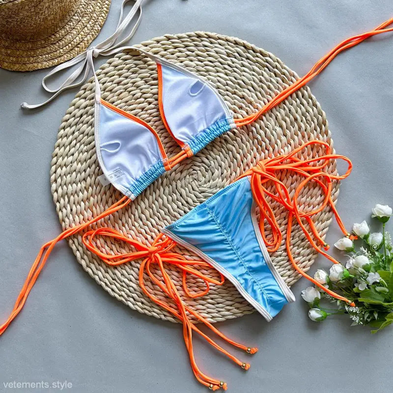 Blue and orange string bikini from Multi Rope Split Nylon Swimsuit for Boho Summer Vacations