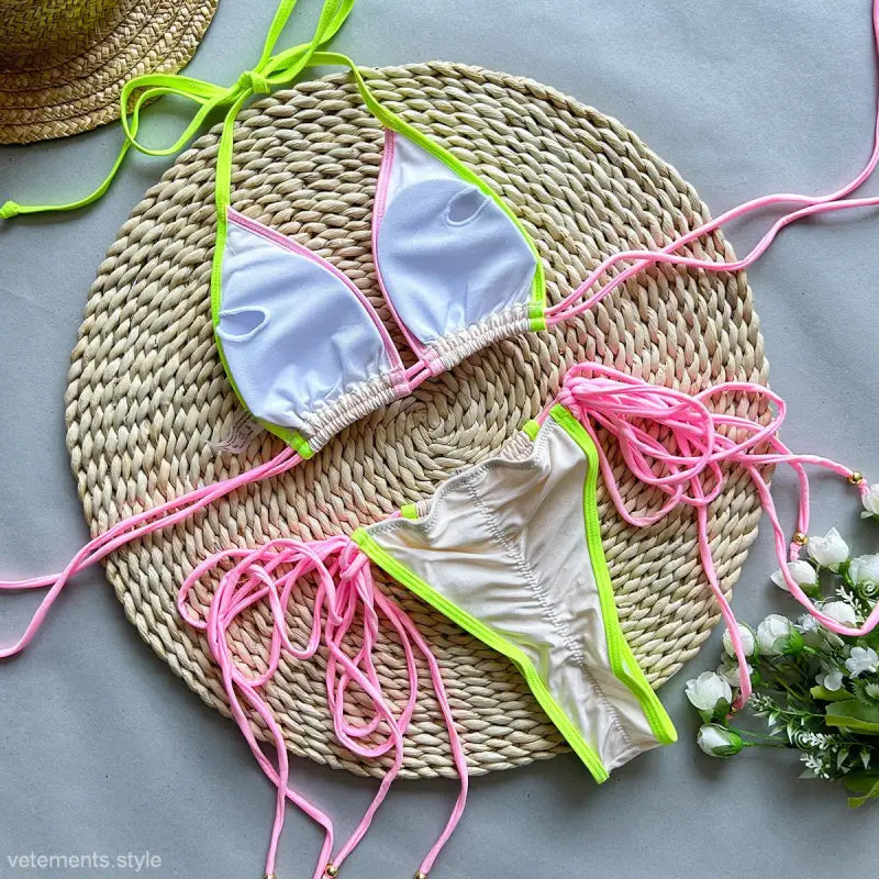Neon-trimmed string bikini featured in the Multi Rope Split Nylon Swimsuit for Boho Summer Vacations