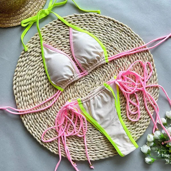 Beige bikini with neon trim in Multi Rope Split Nylon Swimsuit for Boho Summer Vacations