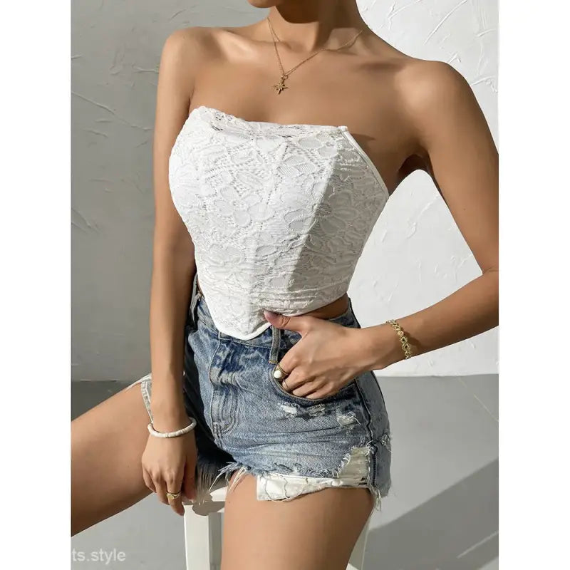 White lace strapless bustier top from the sexy off-shoulder corset collection