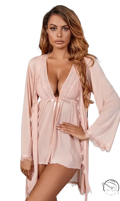 Sexy pajamas lace: blush pink satin nightgown with lace trim V-neck