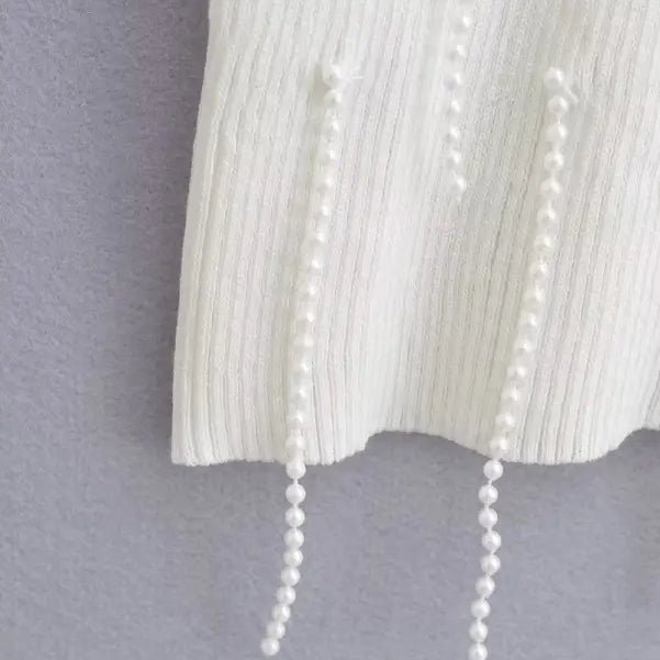 White knit top with pearl embellishments, stylish sexy pearl vest for summer wear