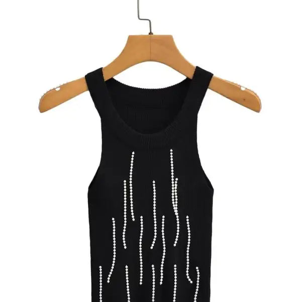 Black sleeveless crop top with rhinestone embellishments, part of the sexy pearl vest collection