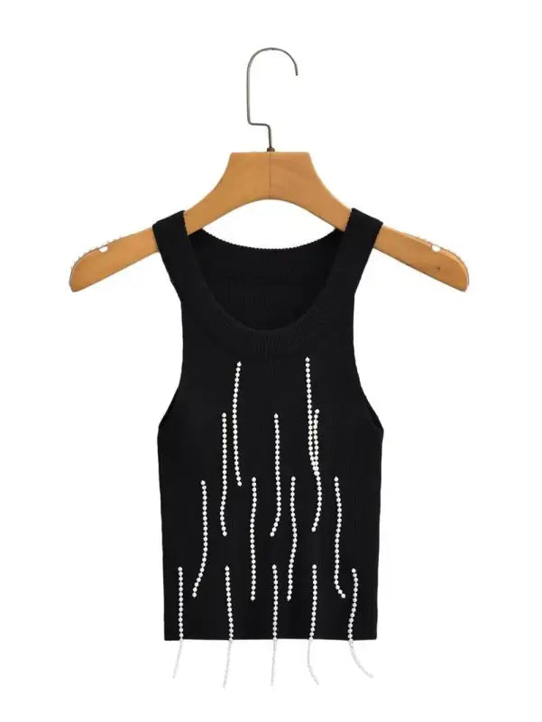 Black sleeveless crop top with rhinestone embellishments, part of the sexy pearl vest collection