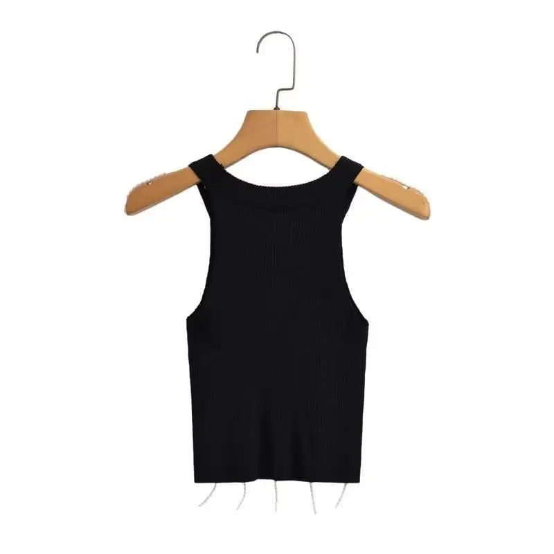 Black ribbed tank top on hanger, perfect for a sexy pearl vest summer look