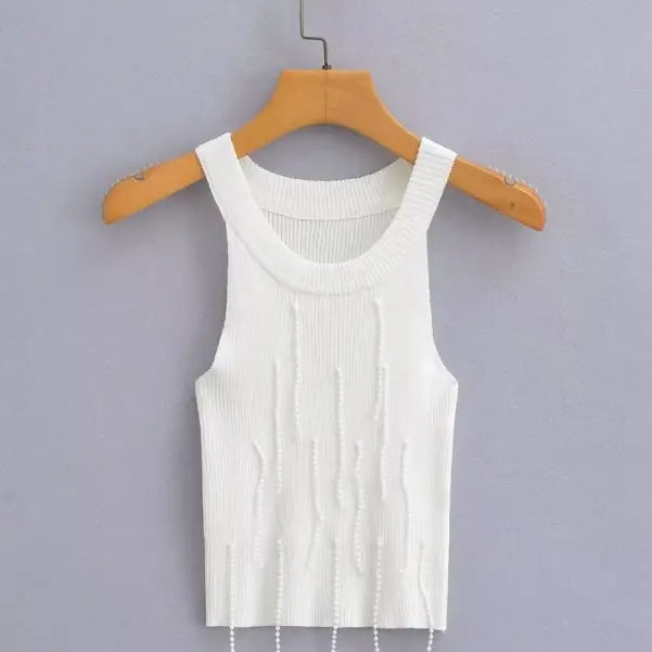White knit tank top with pearl embellishments, a stylish sexy pearl vest for summer