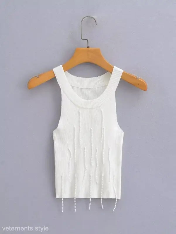 White knit tank top with pearl embellishments, a stylish sexy pearl vest for summer