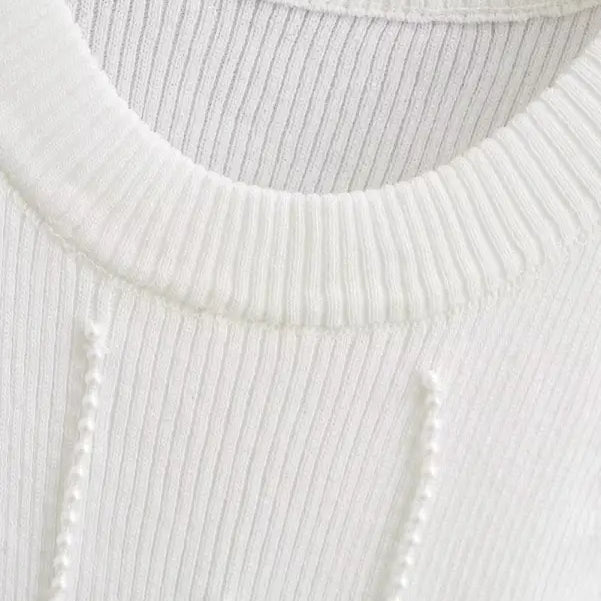 White ribbed knit top with pearl embellishments, stylish sexy pearl vest for summer