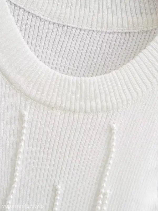 White ribbed knit top with pearl embellishments, stylish sexy pearl vest for summer