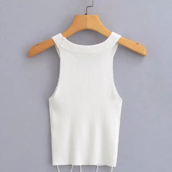 White knit tank top with beaded fringe, a stylish sexy pearl vest for summer wear