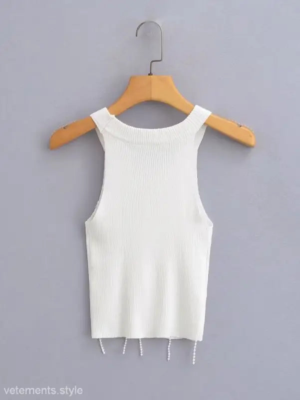 White knit tank top with beaded fringe, a stylish sexy pearl vest for summer wear