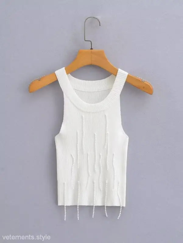 White knit tank top with beaded fringe, part of the sexy pearl vest summer collection