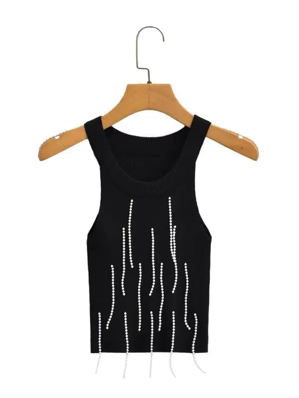 Black tank top with beaded fringe from Pearl Vest with Fringe and Beading, a sexy pearl vest