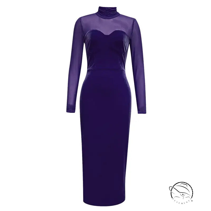 Sexy retro hollow velvet maxi dress in long purple with sheer sleeves