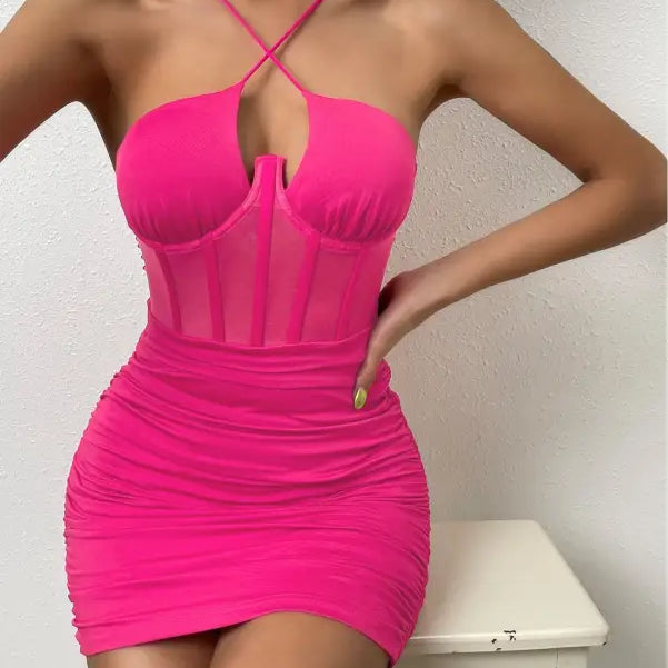 Bright pink sexy ruffle corset dress with cutout design for summer parties