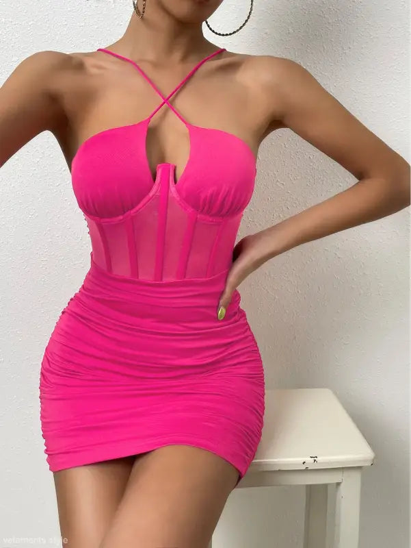 Bright pink sexy ruffle corset dress with cutout design for summer parties