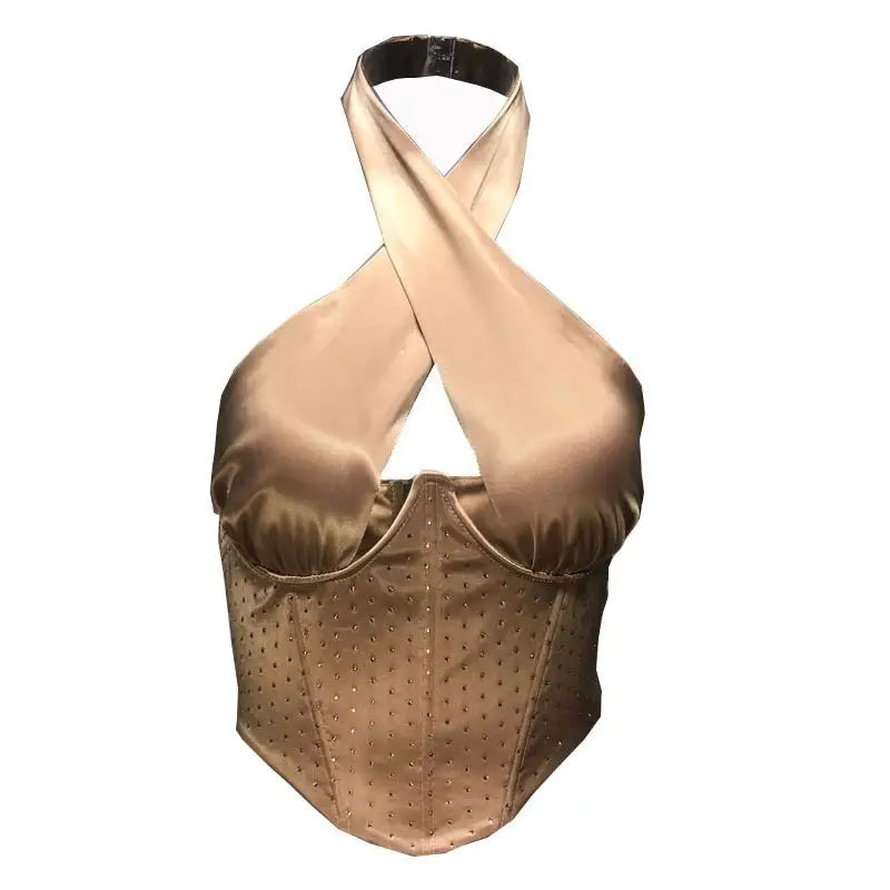 Gold satin halter-neck corset top with dotted texture for sexy satin two piece summer wear