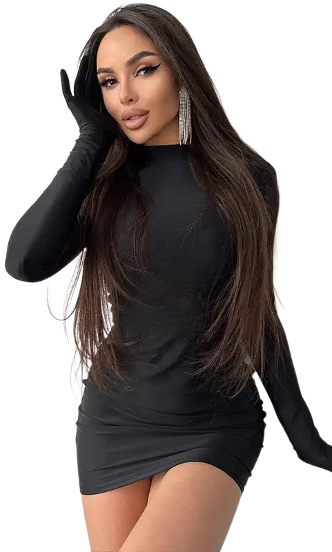 Woman in a sexy sheath long party bodycon dress and long sleeve gloves against white background