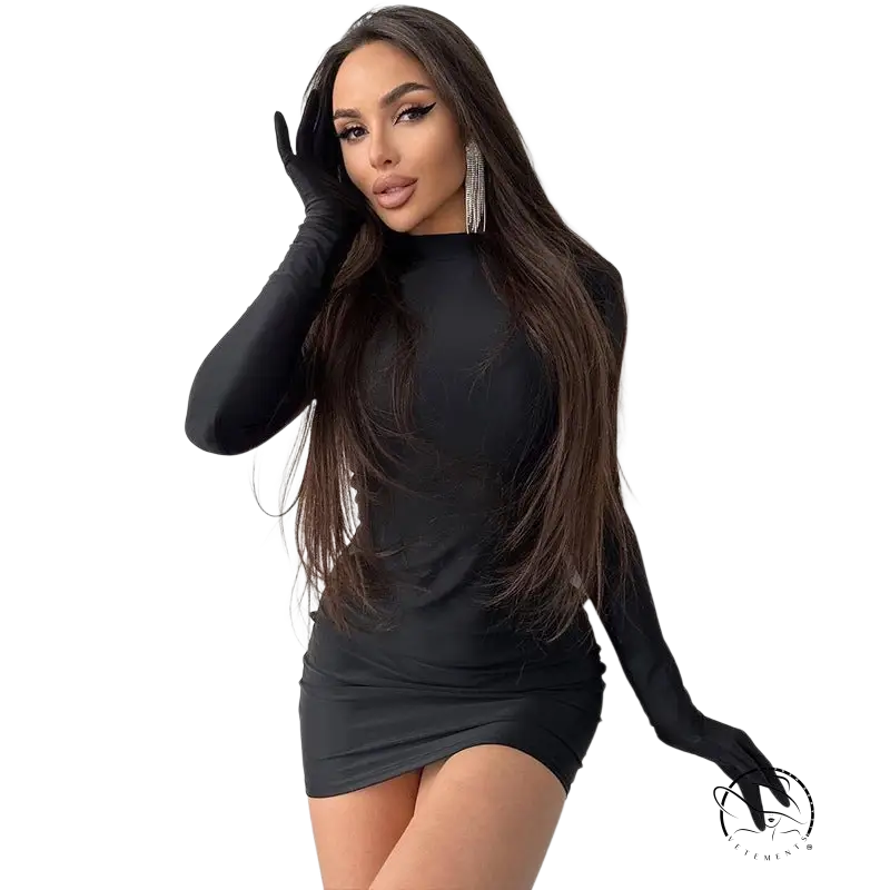 Woman in sexy sheath long sleeve bodycon dress with gloves