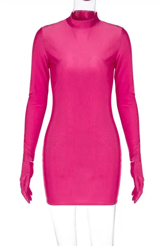 Bright pink party bodycon dress with long sleeves and a mock turtleneck design