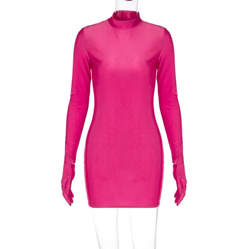 Bright pink party bodycon dress with long sleeves and a mock turtleneck design