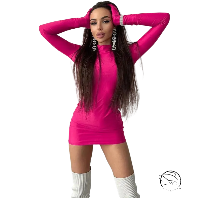 Woman in sexy sheath long sleeve bodycon dress, hot pink with white socks